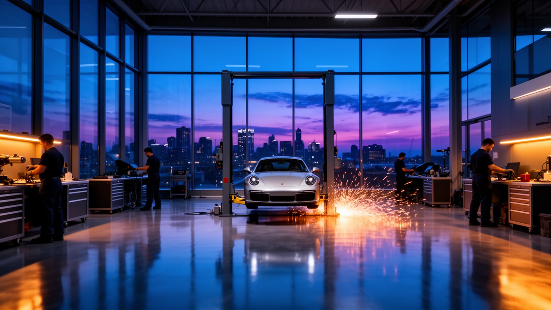 Premium auto workshop at dusk